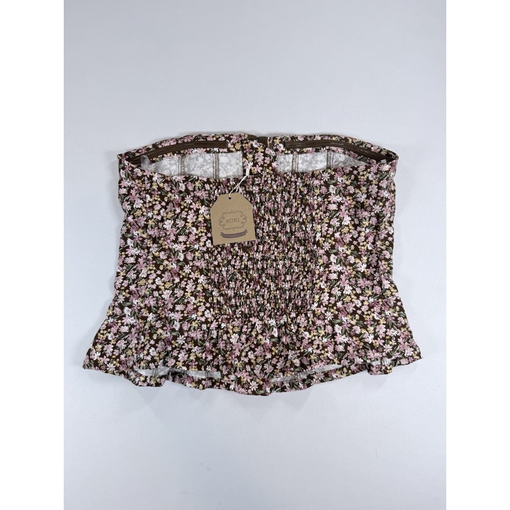 Floral Corset Top Strapless Bustier Peplum Women Brown Pink Cottagecore by KORI - Picture 6 of 6